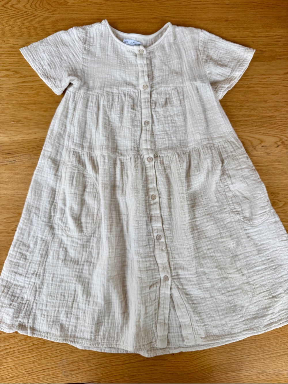 Zara Back to School Cream Button-Front Cotton Tiered Gauze Dress